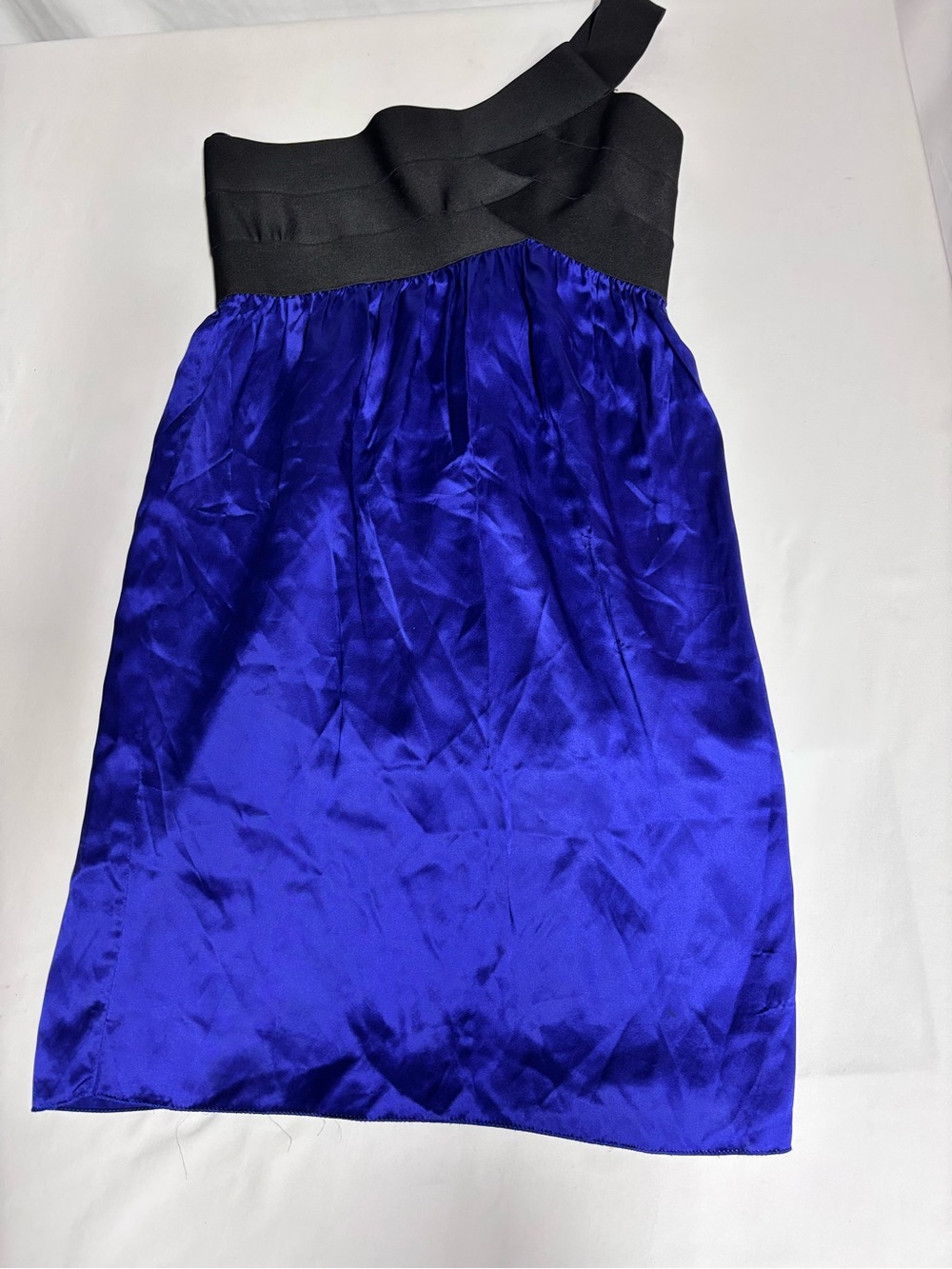 M.S.S.P. 100% Silk Dress Medium Cobalt Blue Black One Shoulder Cocktail Y2K